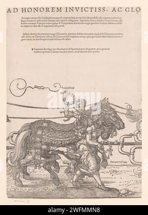 Triumphwagen von Kaiser Maximilian I., Hans Guldenmund, nach Albrecht Dürer, 1545 druckte der große Triumphwagen zu Ehren Kaiser Maximilians I. bei seinem Tod am 12. Januar 1519. Viertes Blatt mit den Pferden mit Alacritas und Oporunitas. Druckerei: DeutschlandVerlag: Antwerpener Papier Buchdruck Wagen, Triumphwagen Stockfoto