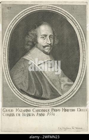 Portret van Giulio Raimondo Mazarino, Cornelis Meyssens, 1670 gedrucktes Porträt von Giulio Raimondo Mazarino, Kardinal und Frans Statesman. Am unteren Rand befinden sich Titel in italienischer Sprache. Oben links: 49. Wiener Papierstich Stockfoto