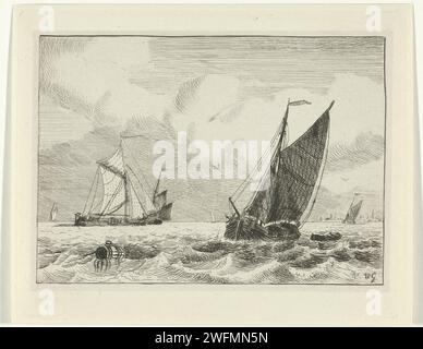 Binnengewässer mit Segelschiffen, Willem Gruyter Jr., 1846 drucken Binnengewässer mit Segelschiffen, links im Vordergrund eine Tonne. Amsterdamer Papierätzung Segelschiff, Segelboot Stockfoto