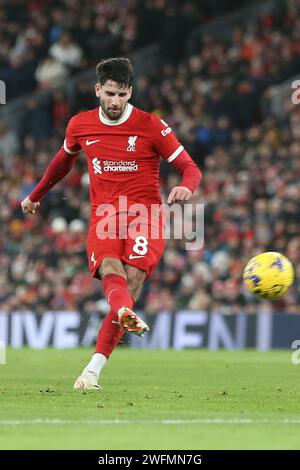 Liverpool, Großbritannien. Januar 31, 2024. Dominik Szoboszlai aus Liverpool. Premier League Spiel Liverpool gegen Chelsea am Mittwoch, den 31. Januar 2024, in Liverpool in Anfield. Dieses Bild darf nur für redaktionelle Zwecke verwendet werden. Nur redaktionelle Verwendung. bild von Chris Stading/Andrew Orchard Sportfotografie/Alamy Live News Credit: Andrew Orchard Sportfotografie/Alamy Live News Stockfoto