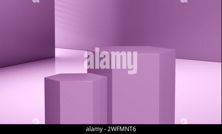 Luxuriöse geometrische, rosafarbene sechseckige Podestbühne. 3D-Hintergrund mit leerem Display-Sockel. Präsentationsszene und elegante Werbung Stockfoto