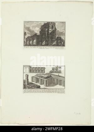 Aqua Antoniniana und Wasserstraßen aus den Thermen von Caracalla in Rom, Giovanni Battista Piranesi, ca. 1756 - ca. 1757 Druck Blatt mit zwei Aufführungen römischer Gebäude. Oben: Blick auf ein Tor, das in das Aquädukt Aqua Antoniniana eingebaut ist. Einige Reisende unter dem Tor durch Appia Antica. Oben links nummeriert: XIX. Rechts oben nummeriert: Abb. I. Titel und erläuternde Briefliste bei STUPME. Unten: Schematische Darstellung der Wasserstraßen der Thermen von Caracalla in Rom. Rechts oben nummeriert: Abb. Ii. Erläuternde Briefliste bei STUDMARGE. Rom Papier ätzt Ruine von Stockfoto