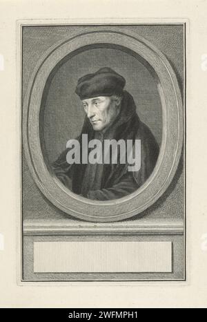 Porträt von Desiderius Erasmus, Jacob Houbraken, nach Cornelis Pronk, 1747–1759 Druck Porträt links von Desiderius Erasmus in einem Oval. Das Porträt ruht auf einem Sockel, auf dem ein leeres Feld für seinen Namen steht. Amsterdamer Papierstich Stockfoto