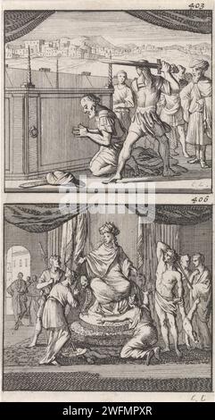 Enthauptung von Joab / Solomos Judiciary, Caspar Luyken, 1698 drucken zwei Aufführungen einer Platte. Rechts oben nummeriert: 403 und 406. Amsterdamer Papierätzung Joab, getötet von Benaiah. Das Urteil Salomos (1. Könige 3,16-28) Stockfoto