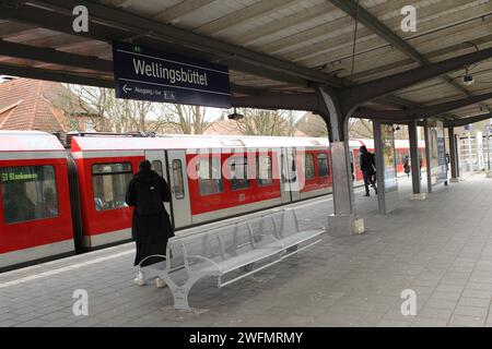 Eine S-Bahn der Linie S1 in Richtung Poppenbüttel fährt in die Haltestelle Wellingsbüttel hinein. Wellingsbüttel Hamburg *** eine S-Bahn der Linie S1 in Richtung Poppenbüttel fährt bis zur Haltestelle Wellingsbüttel Hamburg Stockfoto