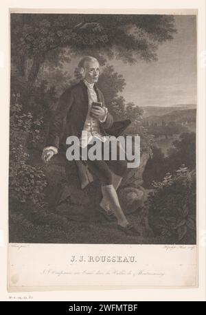 Porträt von Jean-Jacques Rousseau, auf einem Felsen in einer Landschaft sitzend, Hippolyte Huet, nach Joseph Albrier, um 1824 - 1835 Druckpapier Gravur / Gravur historischer Personen. Porträt eines Schriftstellers. Gelehrter, Philosoph Stockfoto