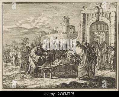 Christus erregt den Sohn der Witwe in NaIn, Jan Luyken, 1712 Druck Amsterdam Papier Ätzen Christus berührt das Bier des Sohnes der Witwe von Nain: Der junge Mann setzt sich auf Stockfoto