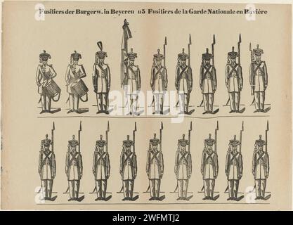 Fusiliers der Burgerw. In Beyeren / Rusilliers der Nationalgarde in Bayern, 1833 - 1856 Druck Blatt mit 2 horizontalen Reihen mit Darstellungen von Soldaten aus Bayern. In der Mitte nummeriert: N5. Turnwood Papier Buchdruck der Soldat; der Soldat's Life Bayern Stockfoto