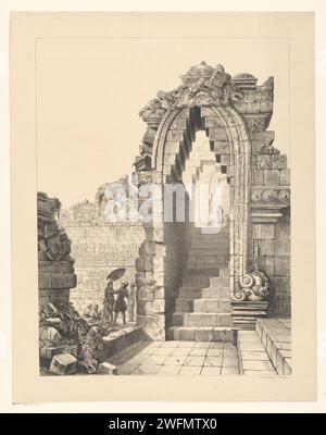 Ruin van Borobudur, Cornelis Springer (möglich), nach Adrianus Johannes Bik, 1852–1856 Druckruine des Borobudur-Heiligtums in Jogyakarta. Ein paar Figuren laufen zwischen den Ruinen. Im Zentrum befindet sich eine Treppe, die mit einem spitzen Bogen bedeckt ist. Auf der linken Seite wird ein Adliger von einem Diener vor der Sonne mit einem Sonnenschirm beschützt. Der Haager Papiertempel, Schrein  Hinduismus, Buddhismus, Jainismus. Ruine eines Gebäudes  Architektur Borobudur. Jogjakarta Stockfoto