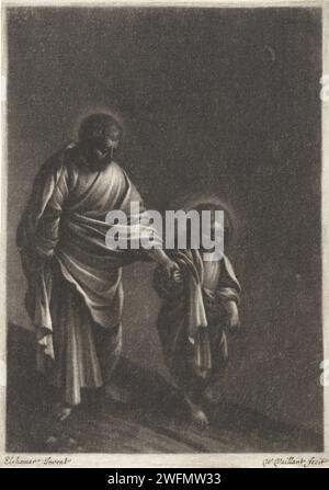 St. Joseph mit dem Christkind, Wallerant Vaillant, nach Adam Elsheimer, 1658–1677 drucken Joseph und das Christkind gehen auf einer Straße im Mondschein. Papier Joseph und das Christkind  das tägliche Leben in Nazareth. Mondlicht Stockfoto
