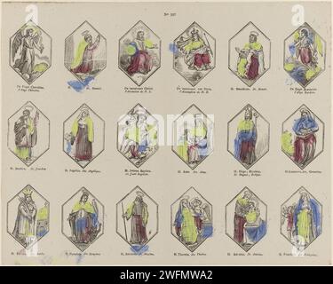 Heilige und Engel, 1800 - 1833 Druck Blatt mit 18 Darstellungen von Heiligen und Engeln, einschließlich St. Daniël, St. Benedictus, St. Anna und St. Antonius. Eine Beschriftung unter jeder Performance. In der Mitte nummeriert: Nr. 207. Turnwood-Papier, Buchdruck, Heilige. Benedikt von Nurcia, Abt von Monte Cassino und Gründer des Benediktinerordens; mögliche Attribute: Aspergillum, Buch, Becher (manchmal gebrochen), Raben mit Brot, Sieb (oder Fach). Eine Reihe von Szenen aus dem Leben von Johannes dem Täufer. Anna, Mutter Mariens; mögliche Attribute: Buch, Christkind, Lilie, Jungfrau Maria. Der Franziskanermönch Ant Stockfoto