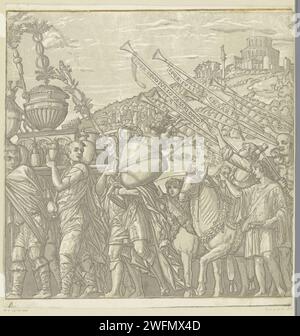 TRIOMFTOCHT van Julius Caesar, Andrea Andreani, nach Bernardo Malpizzi, nach Andrea Mantegna, 1599 Druck unten links: 4. Druckerei: Italien Zeichnung von: MantuaAfter Malerei von: Mantua Papiertriumph von Caesar. Horn, Trompete, Kornett, Posaune, Tuba Stockfoto