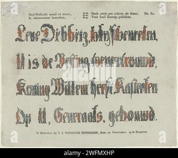 Alt-niederländischer Mut und Loyalität, / nie zusammengebrochen, / aber nie so sauber und jetzt, / für eine ganze Euroop ', Theodorus Johannes Wijnhoven-Hendriksen, 1832-1850 drucken vier Zeilen mit menschlichen Figuren, die Buchstaben darstellen, mit denen ein Gedicht zu Ehren des Generals Dibbitz gebildet wurde. Rechts oben nummeriert: Nr. 52. Rotterdam Papier-Buchdruck, der schicke Briefe druckt Stockfoto