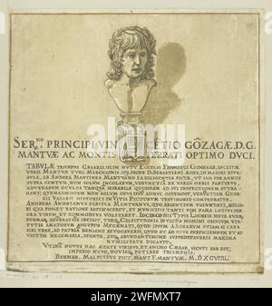 Titeldruck mit Porträt des Künstlers Andrea Mantegna, Andrea Andreani, nach Bernardo Malpizzi, nach Andrea Mantegna, 1599 Titeldruck mit Porträtbüste des Künstlers Andrea Mantegna und lateinischem Text. Druckerei: Italien Zeichnung von: MantuaAfter Skulptur von: MantuaMantuaMantua Papiertriumph von Caesar. Historische Personen Stockfoto