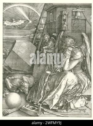 Melancholie, Albrecht Dürer, 1514 das melancholische Temperament in Form einer geflügelten Frau, die vor ihr schaut, den Kiefer links, gestützt, einen Kompass in der Hand. Verschiedene (Mess-)Instrumente, wie eine Waage, eine Sanduhr und eine Säge. Ein Hund zu ihren Füßen. Neben ihr ein Putto, der etwas auf einem Tablet schreibt. Nürnberger Papierstich melancholisches Temperament Stockfoto