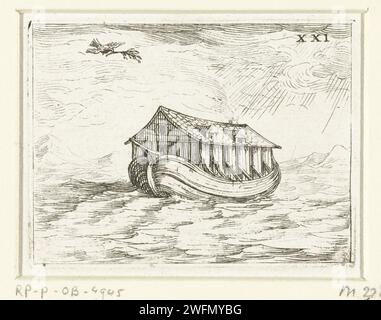 Die Arche von Noah, Jacques Callot, 1646 Print Präsentation von Noahs Arche, die über das Wasser segelte. Eine Taube mit einem Olivenzweig fliegt in den Mund über dem Schiff. Im Hintergrund die Konturen eines Berges. Dieses Magazin ist Teil der Emblem-Serie „Leben der Maria in Emblemen“. Neben einer Titelseite und 26 Emblemen enthält der erste Zustand dieser Serie auch drei Klingen mit Hymnen auf Maria im Buchdruck ohne Bild. Druckerei: Nancypublisher: Paris-Papier, das die Arche auf den Gewässern schwebt (Zerstörung der Menschheit nicht sichtbar). Die Taube kehrt mit einem Olivenzweig zurück  Geschichte von Stockfoto