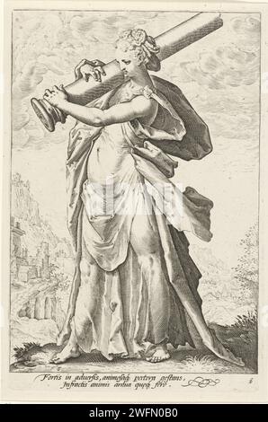 Kracht (Fortitudo), Jacob Matham (zugeschrieben), nach Hendrick Goltzius, 1601–1652 drucken die personalisierte Kraft; Eine weibliche Figur mit einer Säule über der rechten Schulter. Eine hügelige Landschaft im Hintergrund. Amsterdamer Papierstich Fortitude, Fortitudo, eine der vier Kardinaltugenden Stockfoto