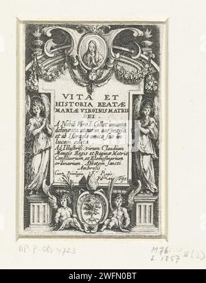 Titeldruck der Druckserie „das Leben der Maria“, Jacques Callot, 1633 - 1634 lateinischer Text auf einer Tafel beiderseits, von der Engel auf Sockeln stehen. Über dem Text ein Medaillon mit Porträt von Maria. Unter einem Wappen und zwei Putten. Dieser Druck ist die Titelseite für eine Serie von dreizehn Drucken mit Szenen aus Marias Leben. Druckerei: NancyPublisher: Paris Papierätzung Titelseite. Die Jungfrau Maria. Engel Stockfoto