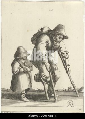 Pedicer mit Kind und Holzbein, Pieter Jansz Quast, 1634 - 1638 drucken Ein Bettler mit einem Holzbein stützt zwei Krücken. Neben ihm geht ein Kind mit dem Arm in einer Schlinge. Im Hintergrund zwei Figuren, ein Hund und ein Vieh. Der Druck ist Teil einer Serie von 26 Drucken mit Bettlern und Bauern. Der Haager Bettler für die Papierätzung/Gravur. Krücken. Person mit einer körperlichen Behinderung. Kind. Holzbein. Hund Stockfoto