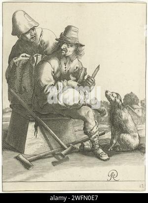 Zwei Bettler und ein Hund, Pieter Jansz Quast, 1634 - 1638 drucken Ein Bettler mit einem Holzbein sitzt auf einem Block und schneidet Fleisch oder Brot mit einem Messer. Hinter ihm befindet sich ein weiterer Tramper und vor ihm ist ein Hund, der die Nase in Richtung des Futters hält. Der Druck ist Teil einer Serie von 26 Drucken mit Bettlern und Bauern. Der Haager Bettler für die Papierätzung/Gravur. Hund. Werkzeuge, Hilfsmittel, Arbeitsgeräte  Handwerk und Industrie: Messer. Holzbein. Krücken Stockfoto