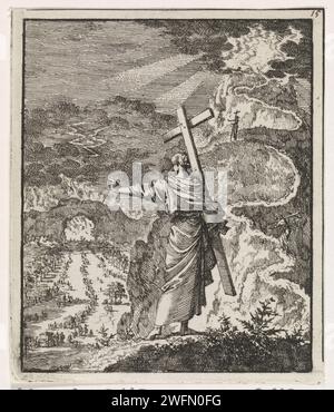 Frau mit Kreuz blickt von der schmalen Straße zu den vielen Figuren auf der breiten Straße, Jan Luyken, 1704 Druck Amsterdam Papier Radierung Reise in den Himmel, Weg in den Himmel. Der enge Weg  Lehre von Christus über die Liebe, etc. Der weite Weg  Lehre Christi über die Liebe, etc Stockfoto