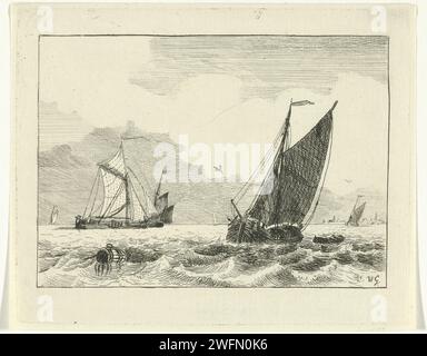 Binnengewässer mit Segelschiffen, Willem Gruyter Jr., 1846 drucken Binnengewässer mit Segelschiffen, links im Vordergrund eine Tonne. Amsterdamer Papierätzung Segelschiff, Segelboot Stockfoto