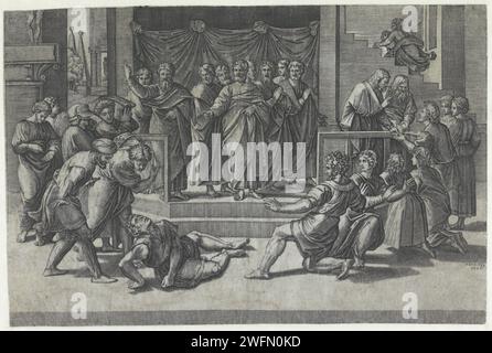 Amor mit Schild und Helm des Mars, Agostino Veneziano (möglich), nach Rafaël, 1500 - ca. 1536 Druck Amor fliegt nach rechts mit Schild und Helm des Mars in seinen Händen. Druckerei: Italien Gemälde von: Rom Papierstich (Geschichte von) Cupid, Amor (Eros). Schutzwaffen: Schild. Helm. Attribute von Mars Stockfoto