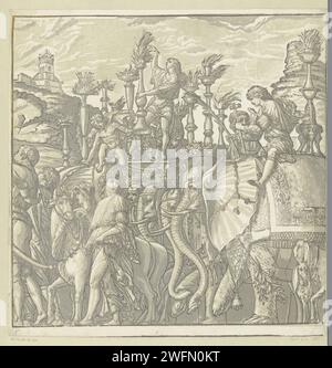 TRIOMFTOCHT van Julius Caesar, Andrea Andreani, nach Bernardo Malpizzi, nach Andrea Mantegna, 1599 Druckerei: Italien Zeichnung von: MantuaAfter Malerei von: Mantua Papier Triumph von Caesar. Stammtiere: Elefant. Taschenlampe Stockfoto