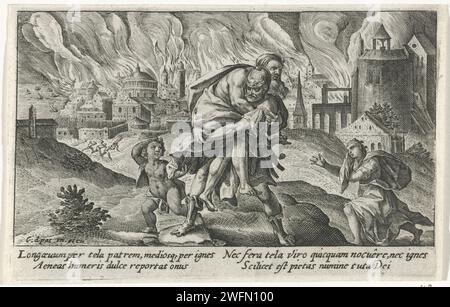 Aeneas übergibt seinen Vater an den Burning Troy, Crispijn van de Passe (I), 1602–1607 Druck Aeneas flüchtet nachts aus dem Burning Troy und trägt seinen Vater Anchises auf dem Rücken aus der Stadt. Er hält seinen Sohn Ascanius an der Hand. Er verliert seine Frau Creusa in der Dunkelheit. Am Rand eine vierzeilige Beschriftung in zwei Spalten auf Lateinisch. Kölner Papierstich „Pius Aeneas“: Aeneas, der Ascanius anführt, entkommt aus dem brennenden Troja und trägt seinen Vater Anchises mit den Penaten; seine Frau Creusa, die mit ihnen aufbricht, ist auf dem Weg verloren Stockfoto