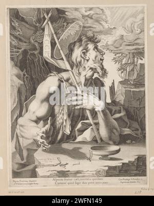 Johannes de doper in de Wildernis, Francesco Villamena, nach Ferraù Fenzoni, 1613 Druck Johannes des Täufers gekleidet in eine Tierhaut mit dem Korbkreuz in der Hand. Zwei Zeilen lateinischer Text am unteren Rand. Druckerei: RomeAfter Design von: ItalyVaticaanstad Papiergravur Johannes dem Täufer; mögliche Attribute: Buch, Schilfkreuz, Taufbecher, Wabenwabe, Lamm, Personal. Johannes der Täufer in der Wildnis, meist begleitet von einem Lamm Stockfoto