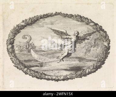 Verfolgung der apokalyptischen Frau durch den siebenköpfigen Drachen Jan Luyken, 1700 drucken Eine Performance in einer Kartusche aus Blättern. Die apokalyptische Frau wird von dem siebenköpfigen Drachen gejagt und fliegt davon. Der Drache spuckt einen Wasserstrom aus, der einen Fluss bildet und versucht, die Frau zu ertränken. Die Erde spaltet sich auf und verhindert dies. Unter der Kartusche auf der Bibelreferenz. 12:14 Uhr. Amsterdamer Papierätzung Ornament  Kartusche. Der Drache verfolgt die schwangere Frau  Offenbarung des Johannes Stockfoto