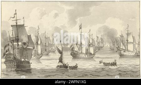 Seeblick mit Kriegsflotte, Christiaan Josi, nach Willem van de Velde, 1821 Druck Nordniederländische Papiergravur Marine (+ Marinestreitkräfte) Stockfoto