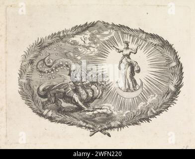Das Erscheinungsbild der apokalyptischen Frau und des siebenköpfigen Drachen Jan Luyken, 1700 drucken Eine Performance in einer Kartusche aus Blättern. Eine Frau, bedeckt von der Sonne und mit einer Krone von zwölf Sternen, ist ein Halbmond. Neben ihr ein großer Drache mit sieben gekrönten Häuptern. Mit seinem Schwanz zieht der Drache die Sterne in den Himmel. In der Luft das neugeborene Kind der Frau, die den Drachen verschlingen wollte. Das Kind fliegt in den Himmel. Unter der Kartusche auf der Bibelreferenz. 12: 1-5. Amsterdamer Papierätzung Ornament  Kartusche. Eine schwangere Frau, bekleidet mit der Sonne und stehend auf dem Mond, erscheint; sie ist durch Stockfoto