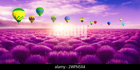 Heißluftballons im Himmel über Lavendelfeld. Bannerdesign Stockfoto