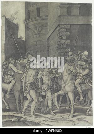 Adrian Ontmoet Androclus, Agostino Veneziano, nach Rafaël, 1500 - ca. 1536 Druck der römische Kaiser Hadrian trifft auf Pferd Andrukus, der inmitten römischer Soldaten zurückgelassen wird. Neben Androuclus de Leeuw, dessen Bein er einen Dorn entfernt hat. Italien Papierstich (Geschichte von) Androclus Stockfoto