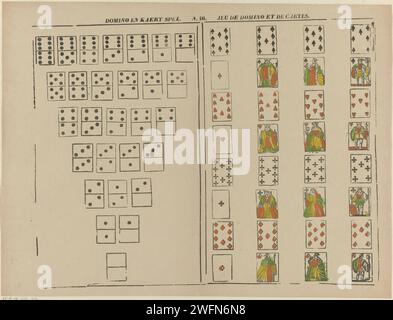 Domino and Kaas Game / Jeu de Domino and Cartes, 1833 - 1900 Print. Kartenspiel Leaf mit 32 Spielkarten und 28 Dominosteinen zum Ausschneiden. Nummeriert in der Mitte: N. 16. Turnwood-Papier-Buchdruck-Dominosteine. Spielkarten Stockfoto