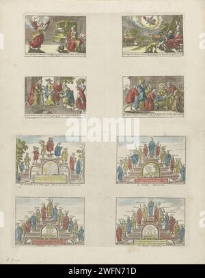 Acht verschiedene Shows, Barent Greve, 1745 - 1751 Print Leaf mit 8 Shows. Oben: Vier Darbietungen von Geschichten aus dem Neuen Testament: Die Verkündigung, die Verkündigung an die Hirten, die Visite und Anbetung durch die Hirten. Unten: Vier Aufführungen der Treppe des Alters, der Patriarchen, des ältesten Volkes und der zwölf Apostel. Unter jeder Aufführung ein Titel und manchmal das entsprechende Bibelzitat. Amsterdamer Papierstich Neues Testament. Eine Reihe von Szenen aus dem Leben Christi. Das Zeitalter des Menschen Stockfoto
