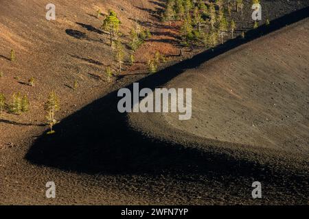 Ascher Cone Rim Trail und scharfer Schatten im Lassen Volcanic Stockfoto