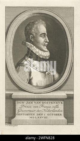 Porträt von Don Juan van Austria, Christian Friedrich Fritzsch, 1753 - 1774 Druck Porträt Büste in Ovaal rechts von Don Juan van Austria, in Harnas. Ein Band hängt um seinen Hals mit dem Symbol der Ordnung des Goldenen Vlieses. Unter dem Oval sind sein Name, Titel und Sterbedatum auf einem Sockel aufgeführt. Papierätzung Ritterorden des Goldenen Vlies Stockfoto