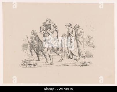 Aeneas flieht mit seiner Familie aus Troje, Wilhelmus Petrus van Geldorp, 1873 Druck Aeneas läuft zwischen Soldaten, Frauen und Kindern. Auf dem Rücken trägt er seinen Vater Anchises, der wiederum die Hausgötter Trojas trägt. Der brennende Troy ist in der Ferne zu sehen. Rotterdamer Zeitung Aeneas verlässt Troja. "Pius Aeneas": Aeneas, der Ascanius anführt, entkommt aus dem brennenden Troja und trägt seinen Vater Anchises mit den Penaten; seine Frau Creusa, die mit ihnen aufbricht, geht auf dem dritten Weg verloren Stockfoto