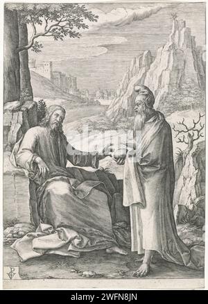 Take of Christ in the Desert, Crispijn van de Passe (I), 1574–1637 Druck Ein Teufel in menschlicher Form zeigt Christus und bittet ihn, den Stein im Brot als Zeichen der Göttlichkeit Christi zu ändern (Mat. 4,1–11). Auf einem darunter liegenden Berggipfel zeigt der Teufel Christus alle Königreiche der Welt, um ihn zu verführen. Unbekannte Papiergravur Christus, manchmal begleitet von Schutzengeln, versucht von Satan, der normalerweise in menschlicher Form erscheint Stockfoto