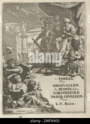 Dicled Heads for a Princes on a Throne, Arnold Houbraken, 1681–1683 Druck auf einem Thron unter einem Baldachin mit einer Wache auf der rechten Seite und einer Figur, die auf ein Horn schlägt. Linke Knie, die Frauen und ein Mann mit Helm zeigt zwei abgeschnittene Köpfe auf der Figur auf dem Thron. Vor dem Thron befinden sich zwei weitere abgetrennte Köpfe auf dem Boden. Links im Vordergrund der personalisierte Neid, mit Schlangen auf dem Kopf und in der Hand und einer Fackel und davor eine zweite Figur mit einer Maske vor dem Gesicht, die ihre Hand in eine Schatzkiste legt. Im Hintergrund ein Warlord auf einer Säule. Bei t Stockfoto