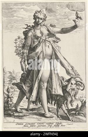 Wellust (Luxurien), Jacob Matham (zugeschrieben), nach Hendrick Goltzius, 1585–1589 drucken die personifizierte Lust; Eine weibliche Figur mit einem Vogel und einem Blumenzweig in einer Landschaft, eine Ziege neben ihr. Haarlem Papierstich Lust, Luxus, 'Luxuria'; 'Lussuria' (Ripa)  Personifizierung einer der tödlichen Sünden Stockfoto