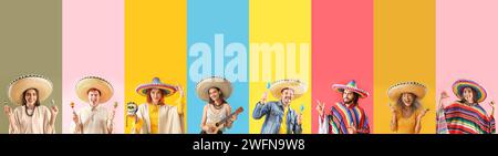 Set von verschiedenen mexikanischen Leuten auf farbigem Hintergrund Stockfoto