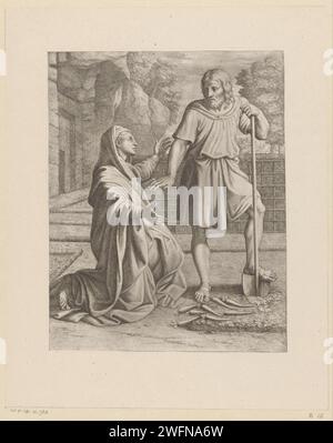 Christus erscheint Maria Magdalena, Pietro del Po, nach Nicolas Poussin, 1620–1692 Druck Christus erscheint als Gärtner mit Kick für Maria Magdalena. Italien Papiergravur Maria Magdalena kniend vor Christus, die normalerweise als Gärtner mit Hacke und/oder Spaten dargestellt wird; „Noli me tangere“ Stockfoto