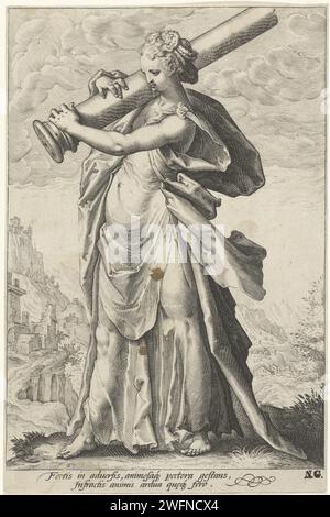 Kracht (Fortitudo), Jacob Matham (zugeschrieben), nach Hendrick Goltzius, 1585–1589 drucken die personalisierte Kraft; Eine weibliche Figur mit einer Säule über der rechten Schulter. Eine hügelige Landschaft im Hintergrund. Haarlem Papierstich Fortitude, Fortitudo, eine der vier Kardinaltugenden Stockfoto