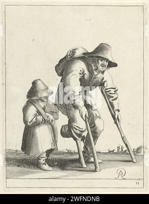 Pedicer mit Kind und Holzbein, Pieter Jansz Quast, 1634 - 1638 drucken Ein Bettler mit einem Holzbein stützt zwei Krücken. Neben ihm geht ein Kind mit dem Arm in einer Schlinge. Im Hintergrund zwei Figuren, ein Hund und ein Vieh. Der Druck ist Teil einer Serie von 26 Drucken mit Bettlern und Bauern. Der Haager Bettler für die Papierätzung/Gravur. Krücken. Person mit einer körperlichen Behinderung. Kind. Holzbein. Hund Stockfoto