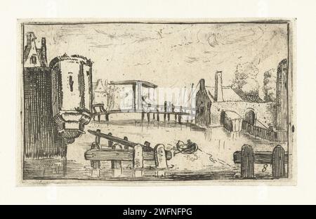 Gracht mit Zugbrücke in einer Stadt, Esaias van de Velde (abgelehnte Attribution), 1613 - 1617 Druckpapier Ätzen / Gravieren von Kanälen, Wasser (in der Stadt) Stockfoto
