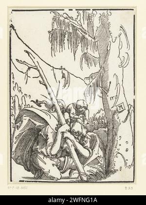 Heiliger Christoffel, Albrecht Altdorfer, 1513 Druck der heilige Christoffel weht durch den Fluss mit dem Christuskind auf dem Rücken. Er wird durch das Gewicht des Kindes belastet und hält sich an seinem Personal fest. Deutschland Zeitung St.. Christopher, mit dem Christuskind auf den Schultern, waten durch das Wasser und tragen seinen Stab (Palme); manchmal steht ein Einsiedler auf dem weiteren Ufer neben einer Kapelle, eine Laterne in der Hand Stockfoto