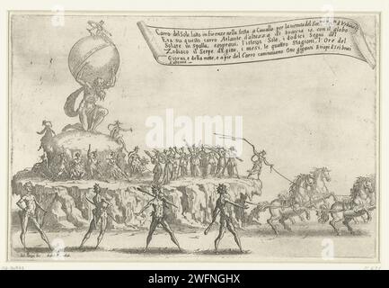 Party in Florenz: Funcarrot von Atlas und de Zon, Jacques Callot, nach Giulio Parigi, 1616 Druck Praalwagen, einschließlich atlas, der die Sonne, Personifizierungen der zwölf Monate, die vier Jahreszeiten und die Stunden des Tages, gezogen von vier Pferden. Diese Struktur wurde für die Partei Guerra di Bellezza geschaffen, die Cosimo II. Anlässlich der Ankunft von Federico della Rovere, dem Prinzen von Urbino und Verlobten seiner Schwester Claudia, den Medici in Florenz schenkte. Oben in der Show ein Banner mit italienischem Text. Florenz Papier ätzt Wagen, Triumphwagen. Atlas unterstützt t Stockfoto